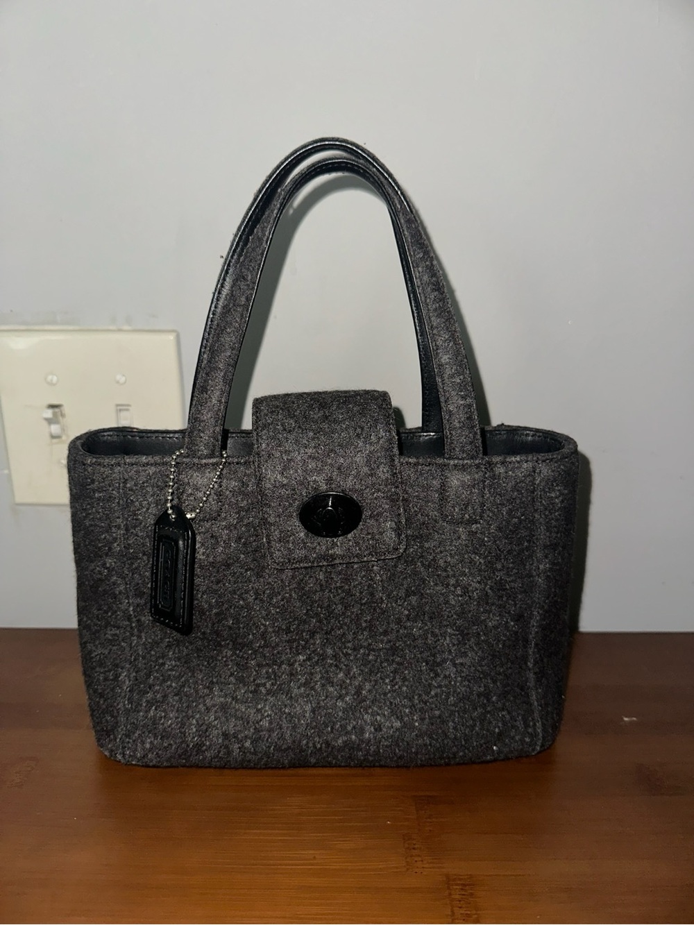 Coach Gray Wool Tote Handbag with Turn-Lock Closure